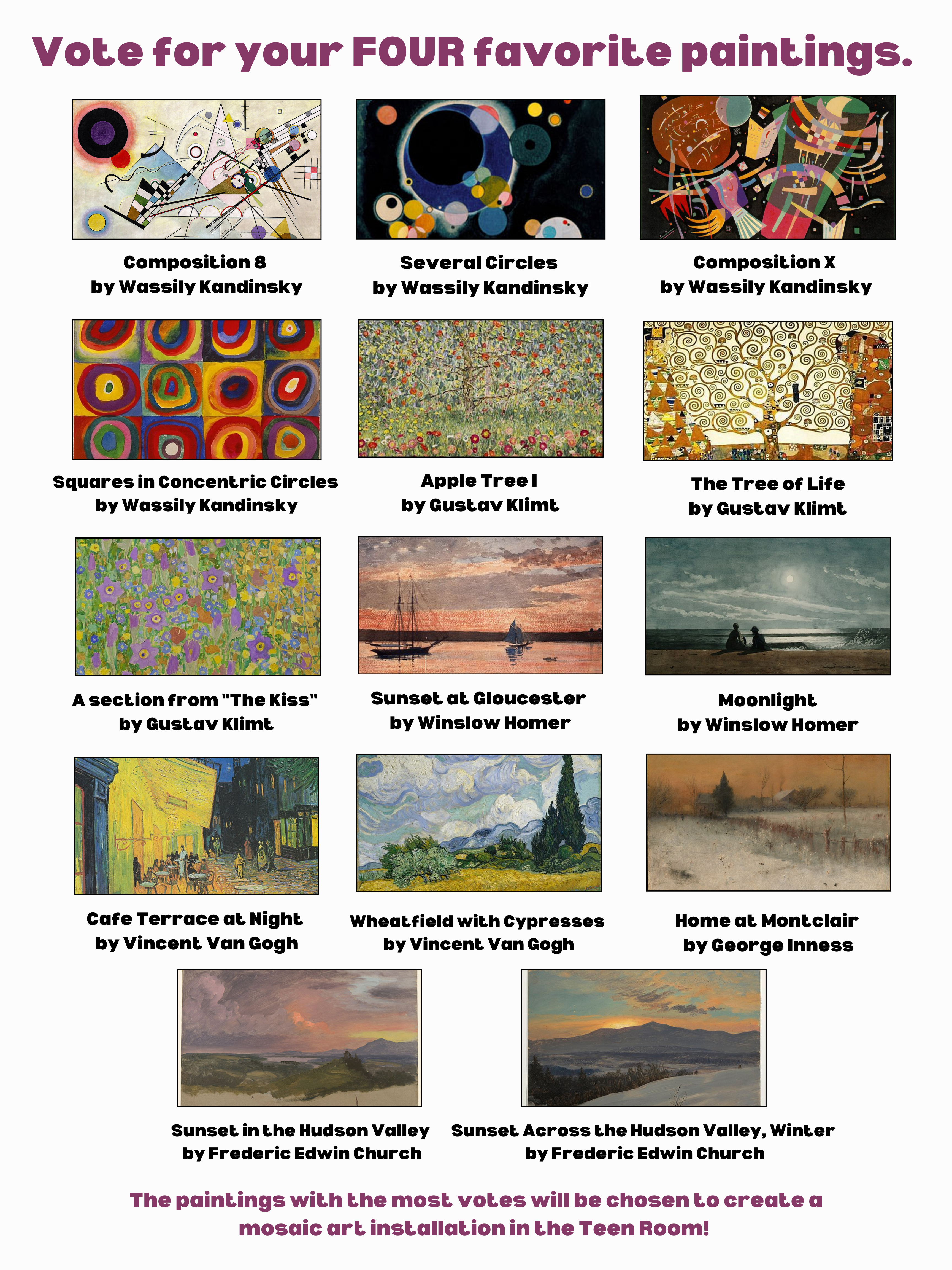 Vote for your four favorite paintings: Ballot from which voters should select up to four of 14 total images they like best for the mosaic art project.