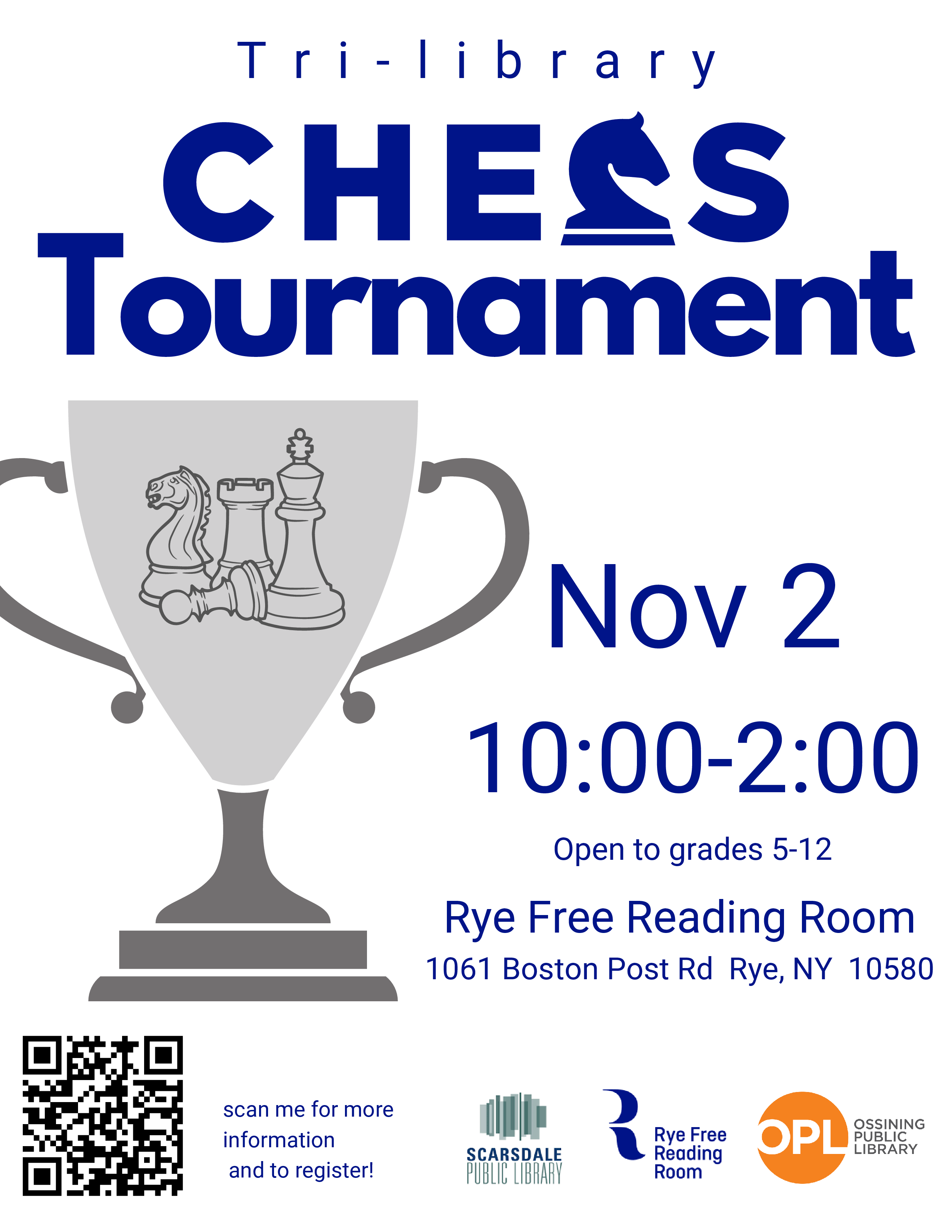 Silver trophy cup with silhouettes of chess pieces etched in the side, Tri-library chess tournament, Saturday, November 2, 2024 at 10 AM until 2 PM at Rye Free Reading Room for Grades 5 through 12.