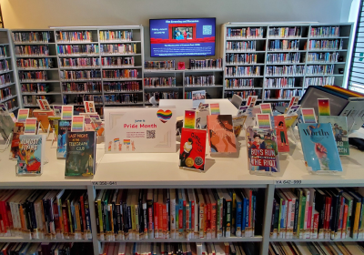 Scarsdale Public Library Teen Room June Pride Display photograph with TV and bookshelves in the background
