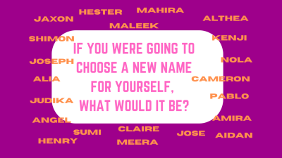 magenta background with orange names written all over it