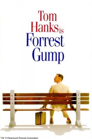 Movie poster for Forrest Gump, showing Tom Hanks sitting on a bench at a bus stop