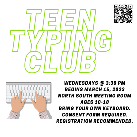 Left and right hand poised over computer keyboard in touch-typing position: left pointer finger on F and right pointer finger on J. Teen Typing Club, Wednesdays at 3:30 PM, begins March 15, North South Meeting Room, Ages 10-18, Bring Your Own Keyboard, Consent Form Required, Registration Recommended.