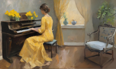 Impressionist painting of a woman at the piano