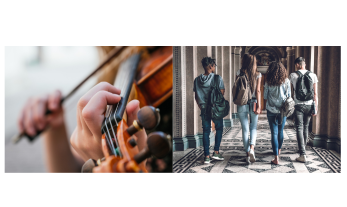 person playing violin/students walking on college campus