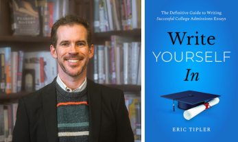 Background of blurred bookshelves; foreground author portrait - tall, slender, white man with brown hair, short beard and mustache in dark blazer and sweater, white shirt collar alongside Bright blue book cover with graduation cap and rolled up diploma below the title, Write Yourself In