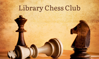 Sepia-toned background with brown text "Library Chess Club" above a wooden chess board with three pieces: black queen and knight standing over a fallen white king between them.