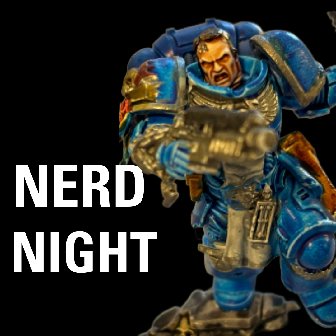 Space marine over black image with title "Nerd Night"