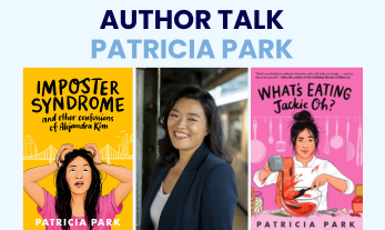 Left-to-right: Bright yellow book cover for "Imposter Syndrome and Other Confessions of Alejandra Kim" with exasperated Asian American teen girl grasping the sides of her head with her hands in the foreground. Author Patricia Park's portrait photo. Book cover for "What’s Eating Jackie Oh?" with bright pink background and Asian American girl pictured in chef's coat preparing food in kitchen with chopsticks in foreground.