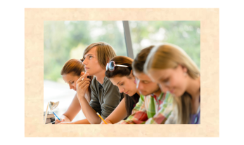 5 students writing with a green background.