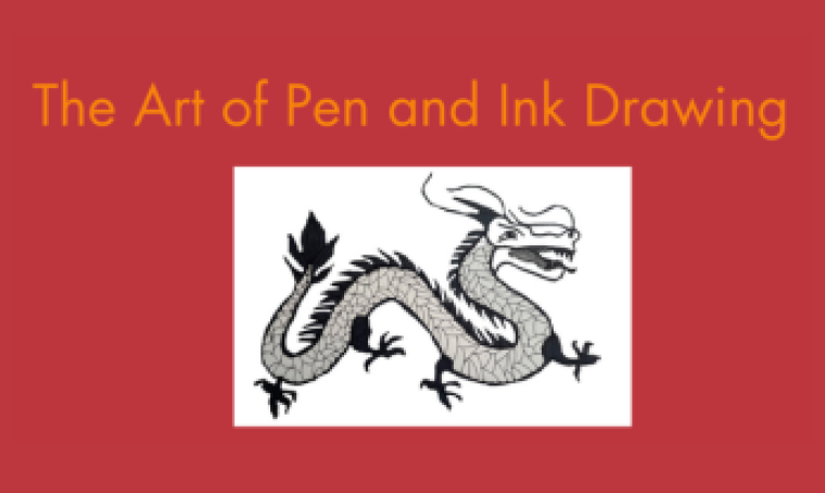 Art of Pen and Ink Drawing With black and white line drawn dragon