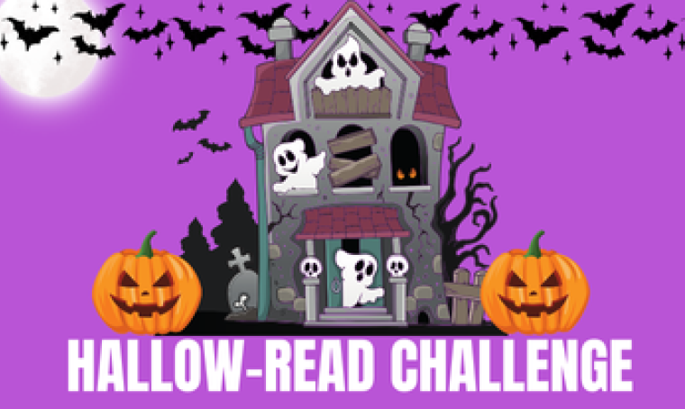 Haunted house with three ghosts in the windows. Bats are at the top on a purple background. Two jack-o-lanterns about the text Hallow-Read Challenge.